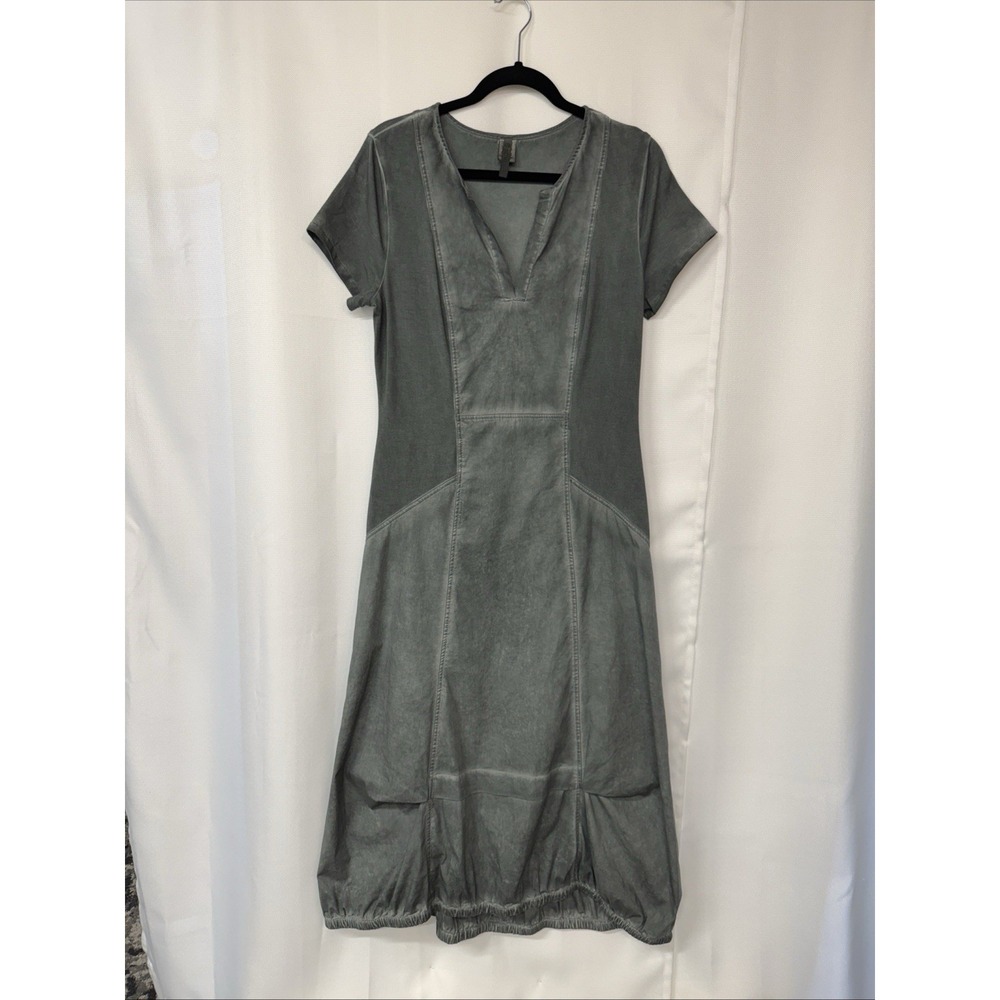 XCVI Pigment-dyed Short Slv Maxi Dress Sz L V-neck Cinched Gathered Bubble Hem
